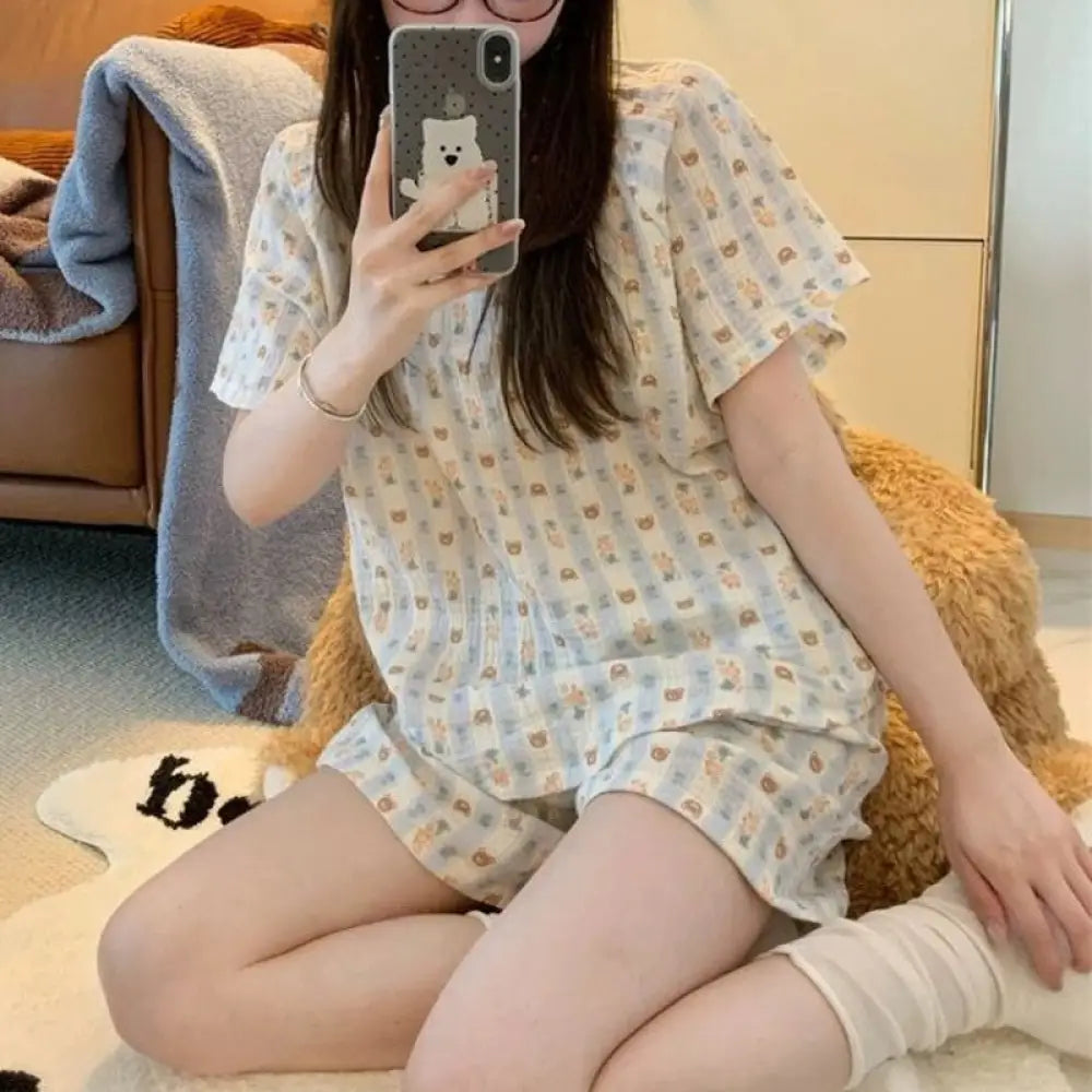 ID1396 レディース 春 夏 プラスサイズ くまちゃん パラダイス パジャマ セット 半袖 ショートパンツ 雲のような肌触り 綿 ゆったり 丸ネック ルームコーデ ほっこり かわいい 楽々素材