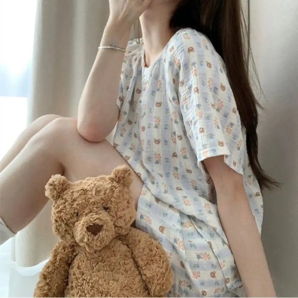 ID1396 レディース 春 夏 プラスサイズ くまちゃん パラダイス パジャマ セット 半袖 ショートパンツ 雲のような肌触り 綿 ゆったり 丸ネック ルームコーデ ほっこり かわいい 楽々素材