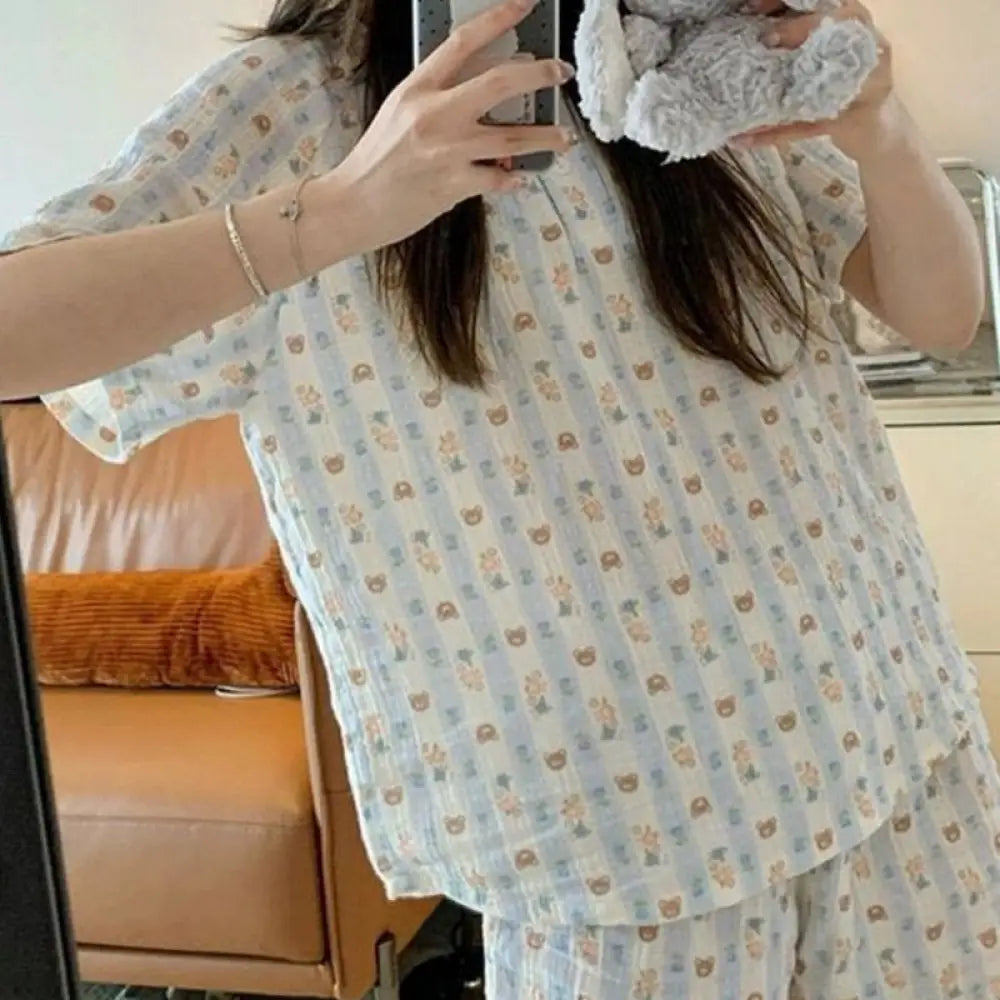 ID1396 レディース 春 夏 プラスサイズ くまちゃん パラダイス パジャマ セット 半袖 ショートパンツ 雲のような肌触り 綿 ゆったり 丸ネック ルームコーデ ほっこり かわいい 楽々素材