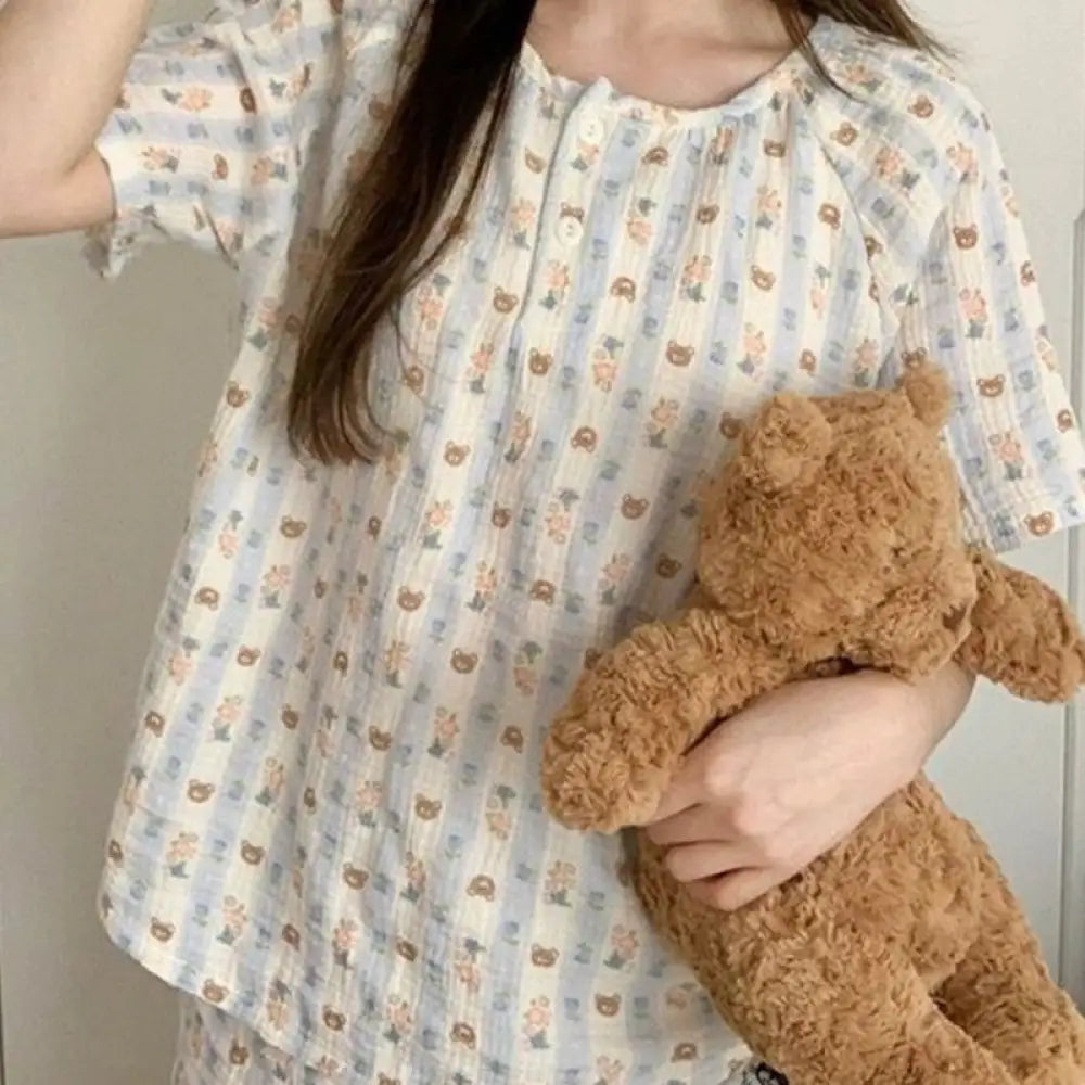 ID1396 レディース 春 夏 プラスサイズ くまちゃん パラダイス パジャマ セット 半袖 ショートパンツ 雲のような肌触り 綿 ゆったり 丸ネック ルームコーデ ほっこり かわいい 楽々素材