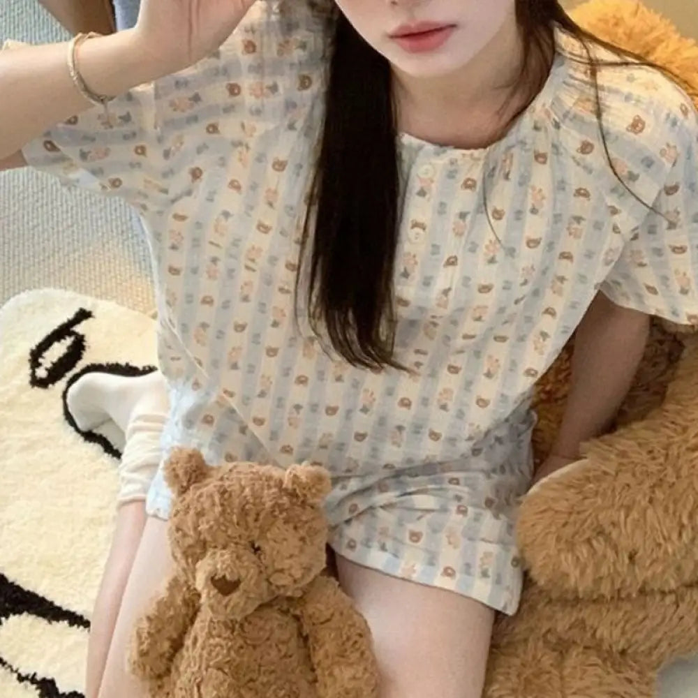 ID1396 レディース 春 夏 プラスサイズ くまちゃん パラダイス パジャマ セット 半袖 ショートパンツ 雲のような肌触り 綿 ゆったり 丸ネック ルームコーデ ほっこり かわいい 楽々素材