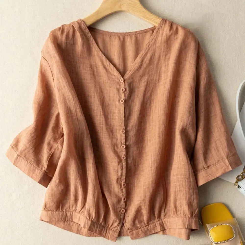 ID1420 レディース 春夏秋 プラスサイズ リネンコットン 七分袖シャツ レトロモダン ショート丈 Vネック 薄手 通気性抜群 ヴィンテージ風味 ゆったりシルエット おしゃれ 上品 オレンジ / M 外出着>トップス
