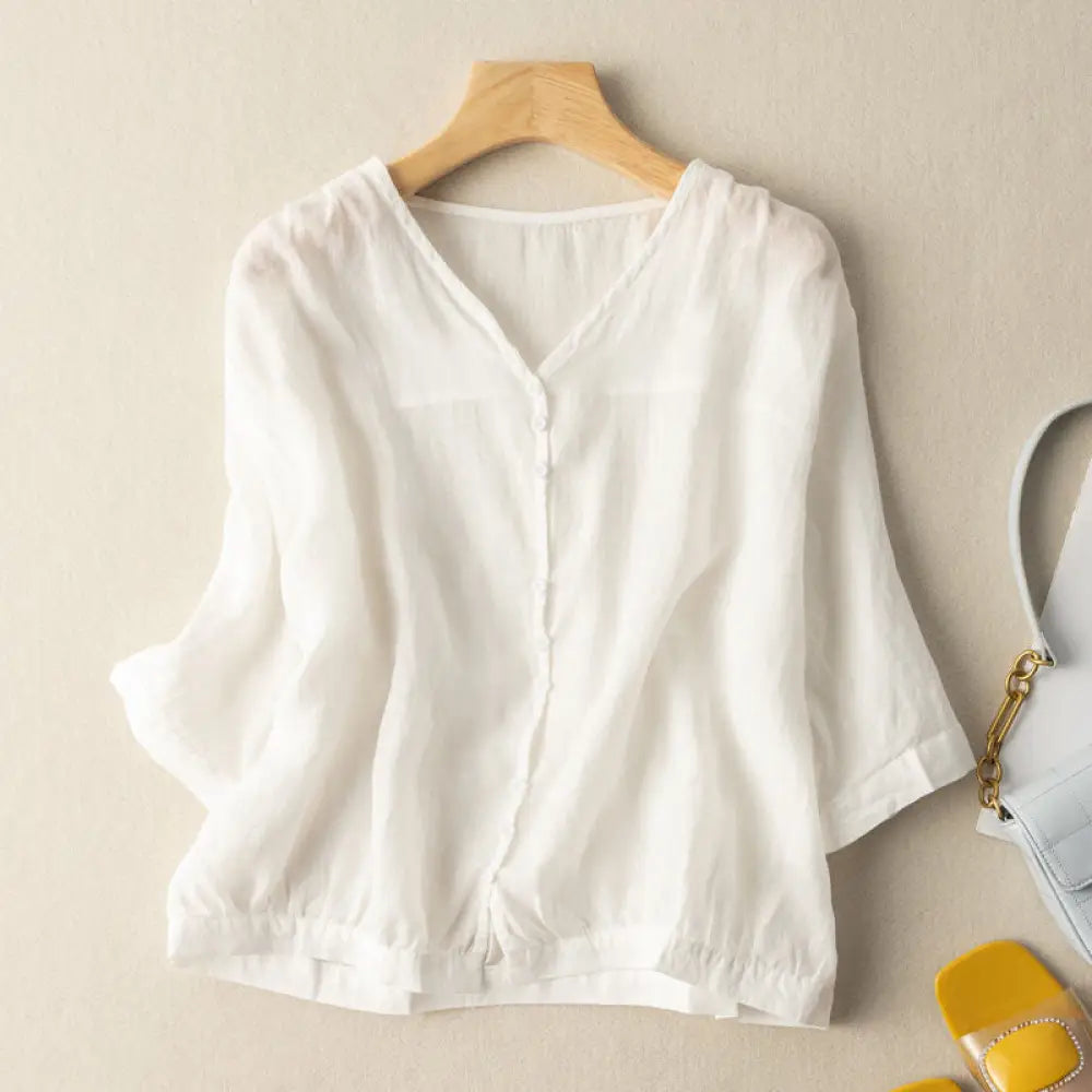 ID1420 レディース 春夏秋 プラスサイズ リネンコットン 七分袖シャツ レトロモダン ショート丈 Vネック 薄手 通気性抜群 ヴィンテージ風味 ゆったりシルエット おしゃれ 上品 ホワイト / M 外出着>トップス