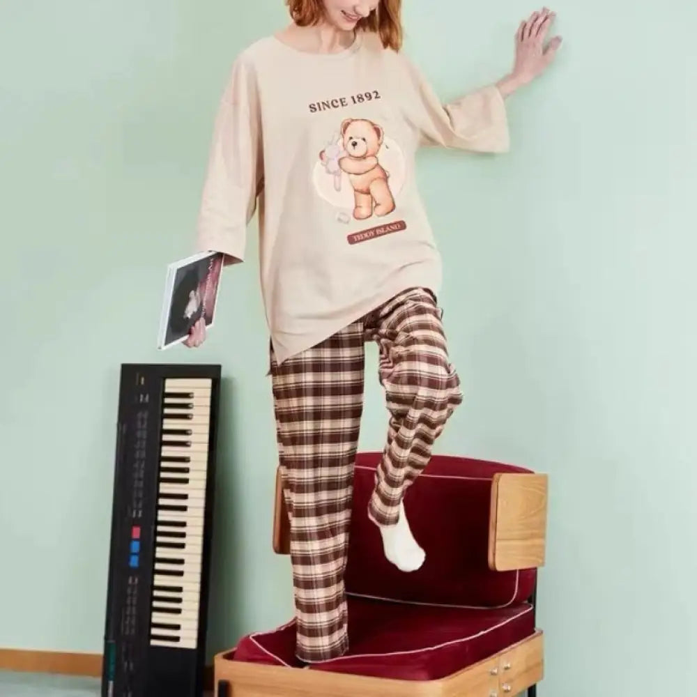 ID1387 レディース 春 夏 テディベア 綿 セットアップ 七分袖 ギンガムチェック パンツ ルームウェア ゆったり くまちゃん プリント カジュアル ほっこり