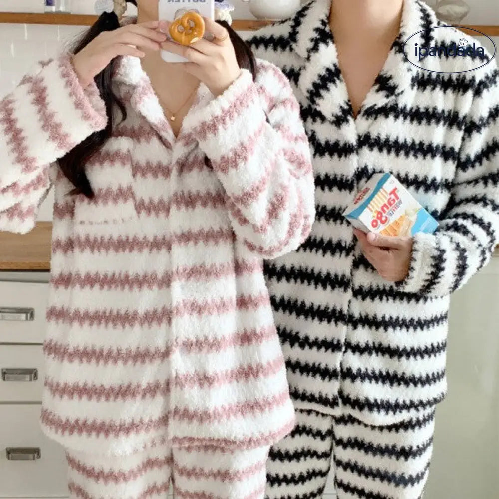 レディース 冬季 カップル フリース パジャマ ストライプ ルームウェア セット ID3232