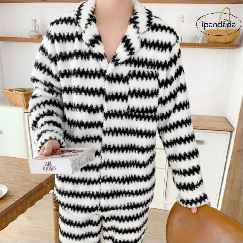 レディース 冬季 カップル フリース パジャマ ストライプ ルームウェア セット ID3232