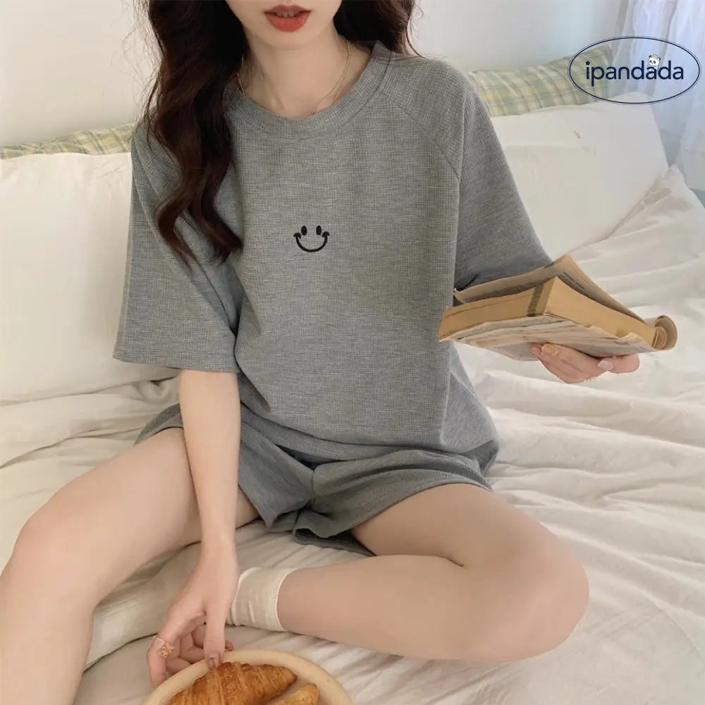 ID615 レディース 韓国風 インスタ映え ワッフル パジャマ 夏用 半袖 スマイル スポーツ ルームウェア かわいい グレー / M レディース＞セットアップ