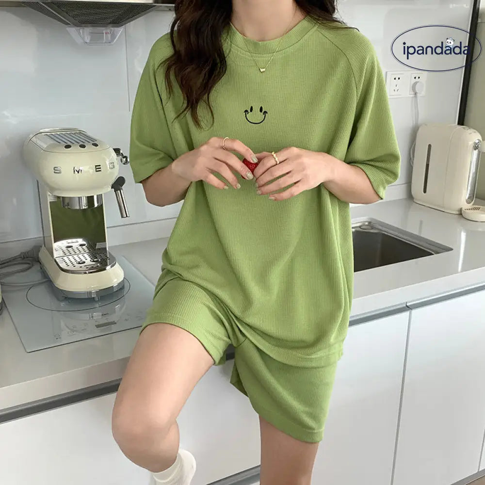 ID615 レディース 韓国風 インスタ映え ワッフル パジャマ 夏用 半袖 スマイル スポーツ ルームウェア かわいい グリーン / M レディース＞セットアップ