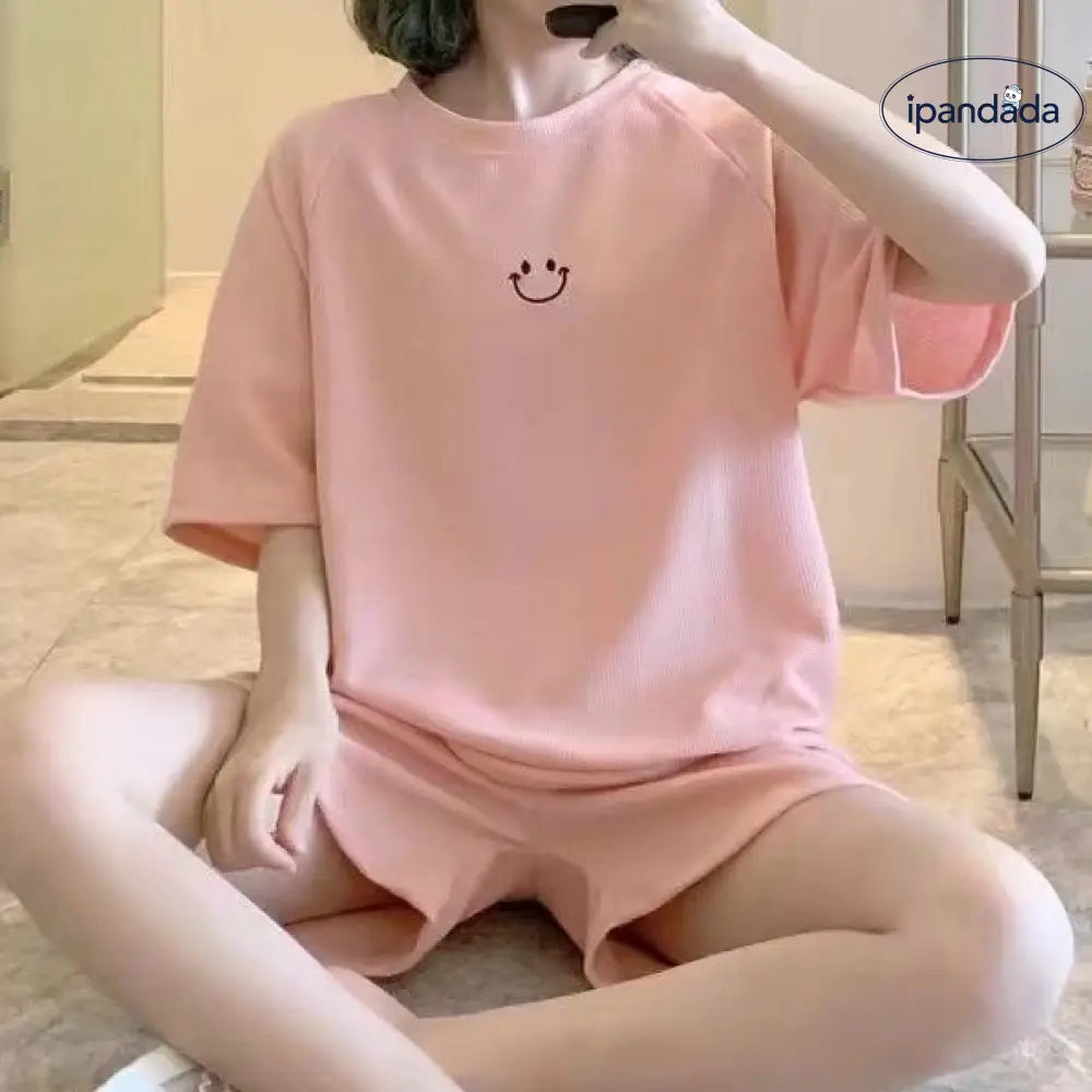 ID615 レディース 韓国風 インスタ映え ワッフル パジャマ 夏用 半袖 スマイル スポーツ ルームウェア かわいい ピンク / M レディース＞セットアップ