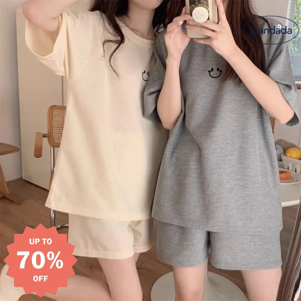ID615 レディース 韓国風 インスタ映え ワッフル パジャマ 夏用 半袖 スマイル スポーツ ルームウェア かわいい レディース＞セットアップ