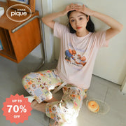 ID533 レディース カジュアル かわいい モダール チェック クマ パジャマセット 夏 薄手 半袖 長ズボン ゆったり 写真通り / フリー レディース＞セットアップ