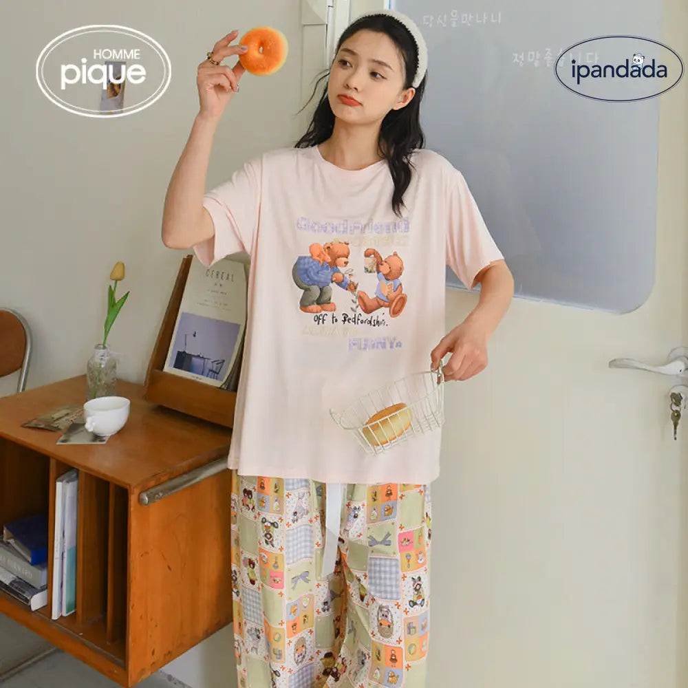 ID533 レディース カジュアル かわいい モダール チェック クマ パジャマセット 夏 薄手 半袖 長ズボン ゆったり 写真通り / フリー レディース＞セットアップ