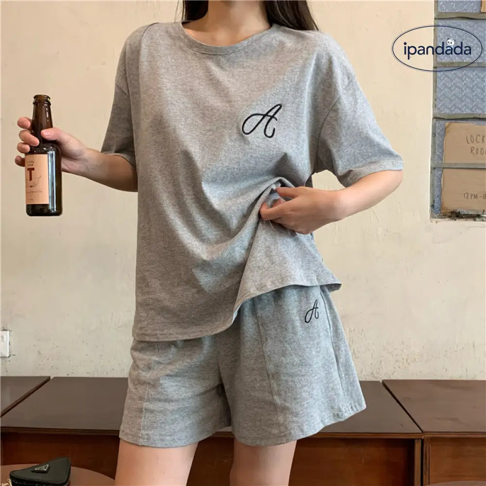 ID1600 レディース カジュアル スポーツセット 夏用 韓国風 INS トレンド 学生 薄手 ゆったり ショートパンツ 半袖 ファッション 2点セット グレー / S 外出着>セットアップ