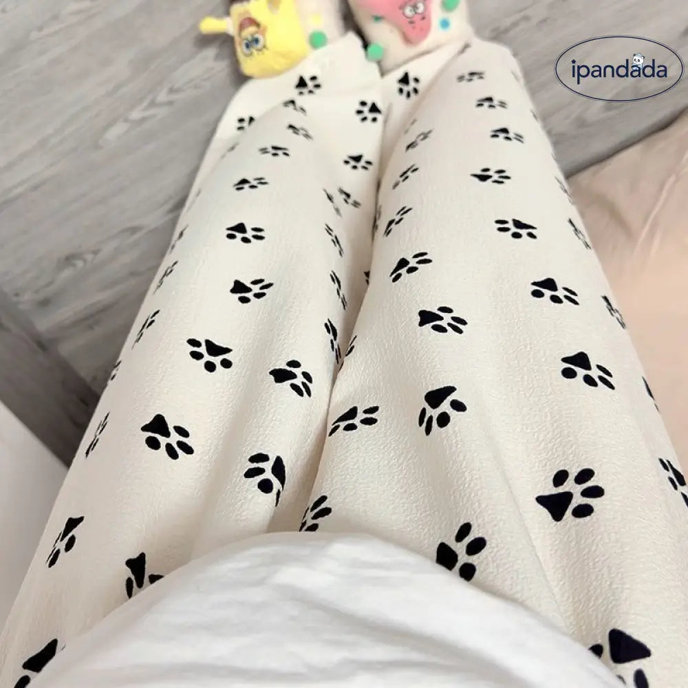 ID604 レディース 猫 肉球 パジャマパンツ 夏 薄手 長ズボン ゆったり ルームウェア パンツ インスタ映え ハイウエスト ワイドパンツ 散歩用 春夏秋 アプリコット / M レディース＞ボトムス
