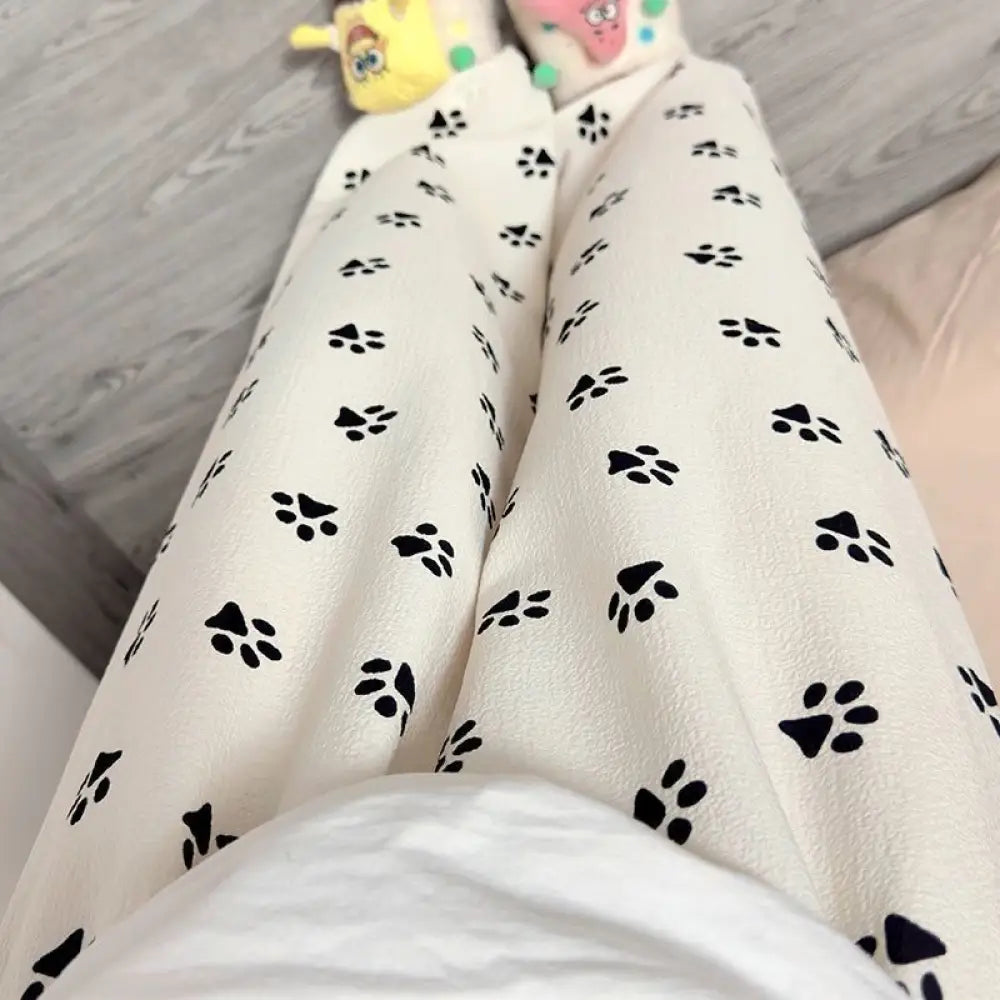 ID604 レディース 猫 肉球 パジャマパンツ 夏 薄手 長ズボン ゆったり ルームウェア パンツ インスタ映え ハイウエスト ワイドパンツ 散歩用 春夏秋 アプリコット / M レディース＞ボトムス