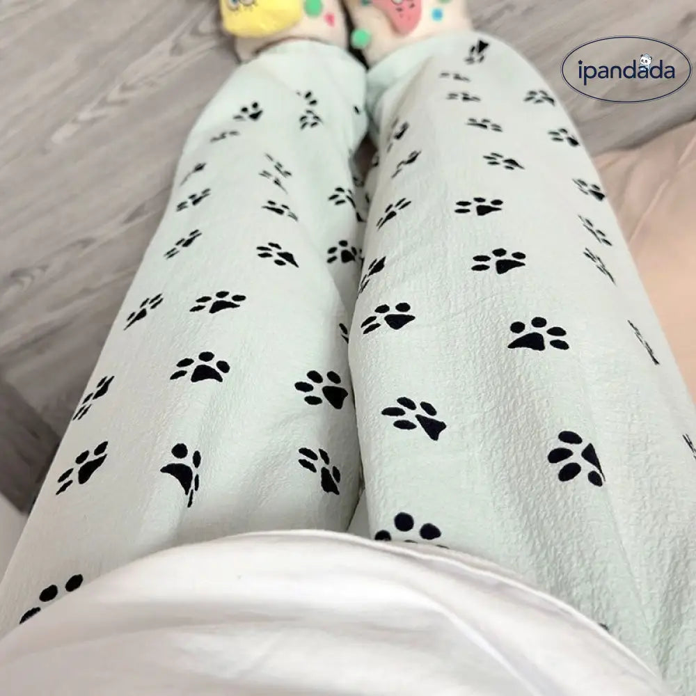 ID604 レディース 猫 肉球 パジャマパンツ 夏 薄手 長ズボン ゆったり ルームウェア パンツ インスタ映え ハイウエスト ワイドパンツ 散歩用 春夏秋 グリーン / M レディース＞ボトムス