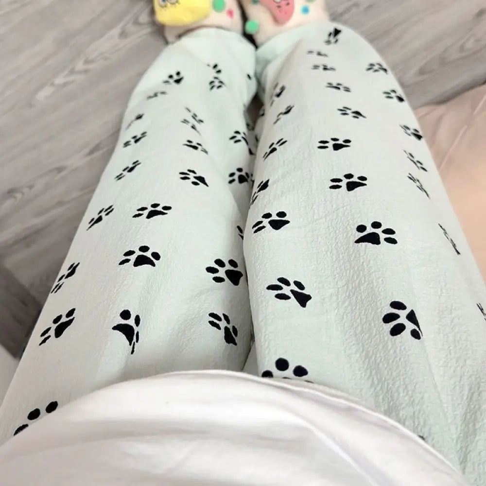 ID604 レディース 猫 肉球 パジャマパンツ 夏 薄手 長ズボン ゆったり ルームウェア パンツ インスタ映え ハイウエスト ワイドパンツ 散歩用 春夏秋 グリーン / M レディース＞ボトムス