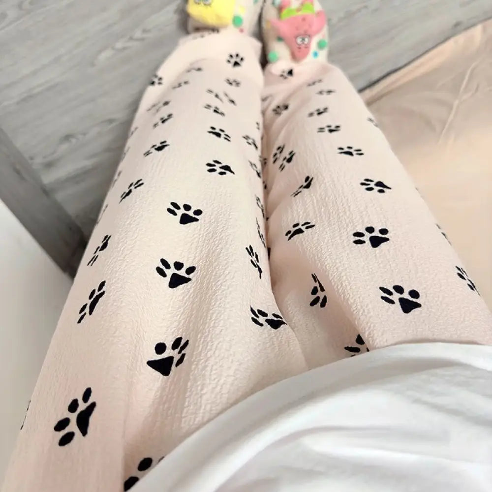 ID604 レディース 猫 肉球 パジャマパンツ 夏 薄手 長ズボン ゆったり ルームウェア パンツ インスタ映え ハイウエスト ワイドパンツ 散歩用 春夏秋 ピンク / M レディース＞ボトムス