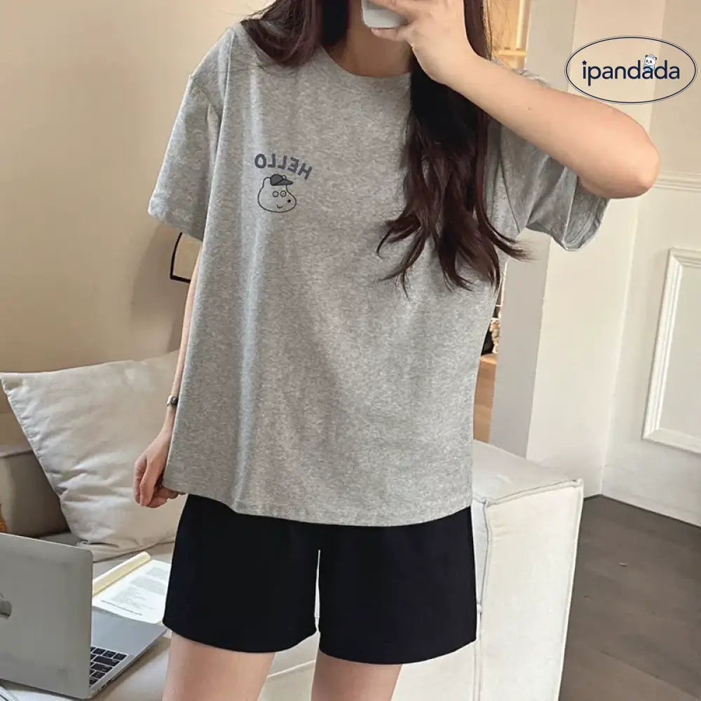 ID1708 レディース 綿 夏用パジャマセット 韓国風 半袖トップス＆ショートパンツ グレー お出かけにも ゆったり 家居着 M～XLサイズ