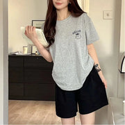 ID1708 レディース 綿 夏用パジャマセット 韓国風 半袖トップス＆ショートパンツ グレー お出かけにも ゆったり 家居着 M～XLサイズ