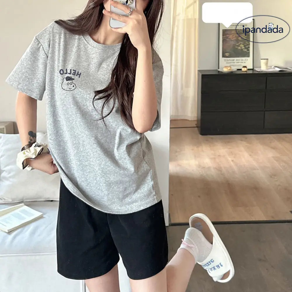 ID1708 レディース 綿 夏用パジャマセット 韓国風 半袖トップス＆ショートパンツ グレー お出かけにも ゆったり 家居着 M～XLサイズ