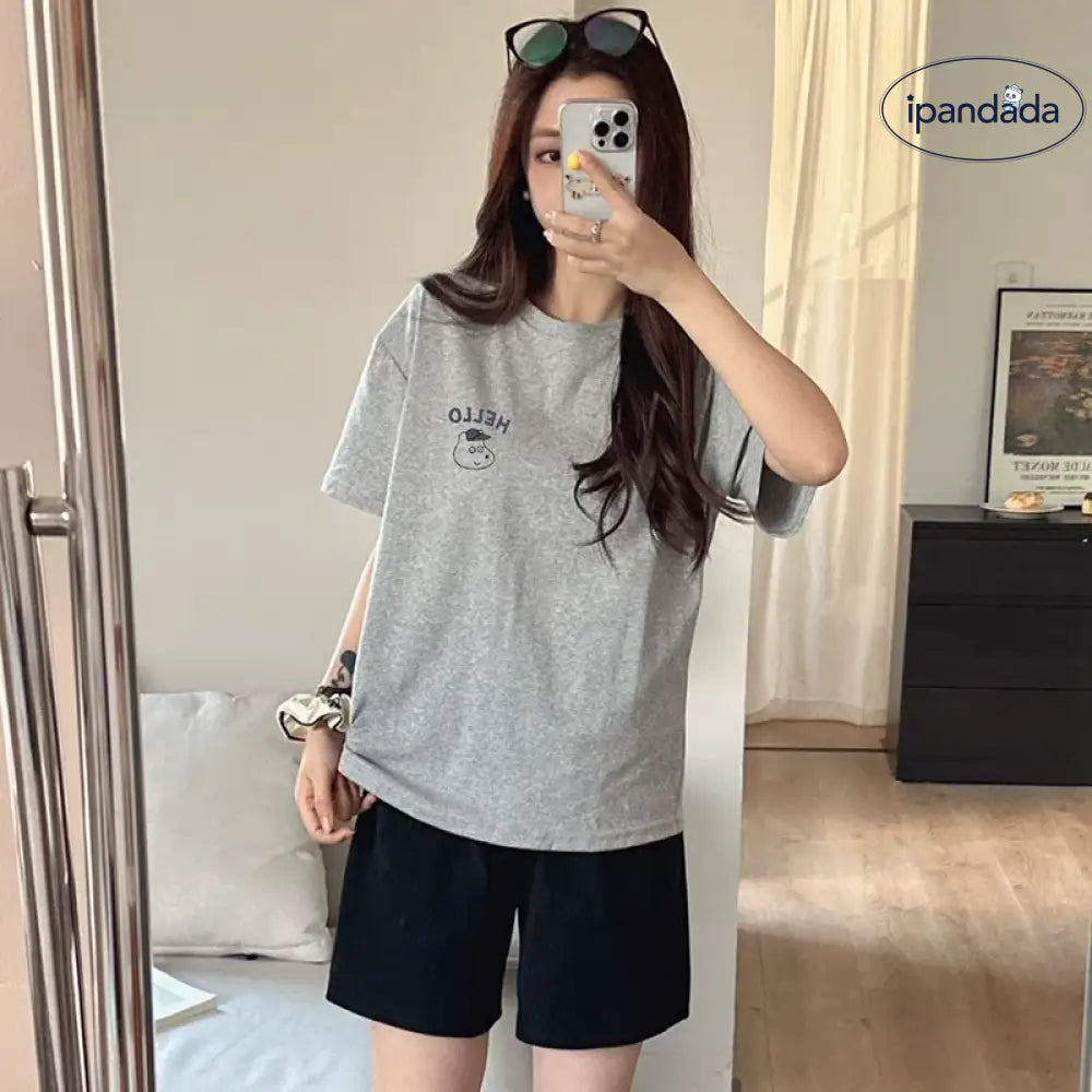 ID1708 レディース 綿 夏用パジャマセット 韓国風 半袖トップス＆ショートパンツ グレー お出かけにも ゆったり 家居着 M～XLサイズ