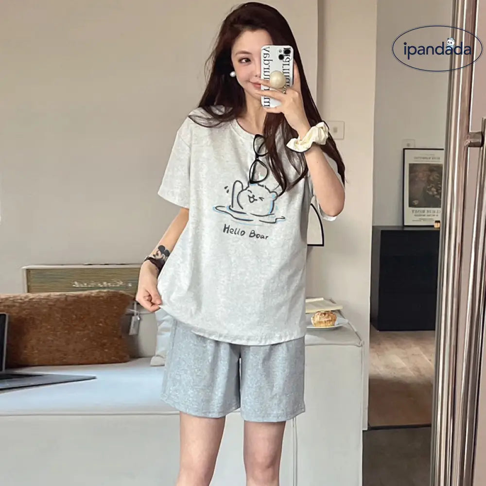 ID1708 レディース 綿 夏用パジャマセット 韓国風 半袖トップス＆ショートパンツ グレー お出かけにも ゆったり 家居着 M～XLサイズ タイプ③ / M レディース>セットアップ