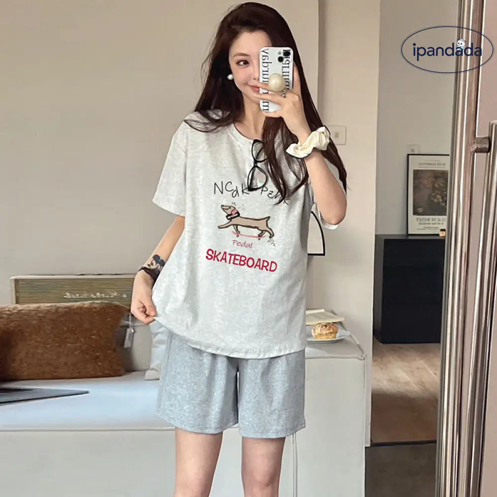 ID1708 レディース 綿 夏用パジャマセット 韓国風 半袖トップス＆ショートパンツ グレー お出かけにも ゆったり 家居着 M～XLサイズ タイプ④ / M レディース>セットアップ