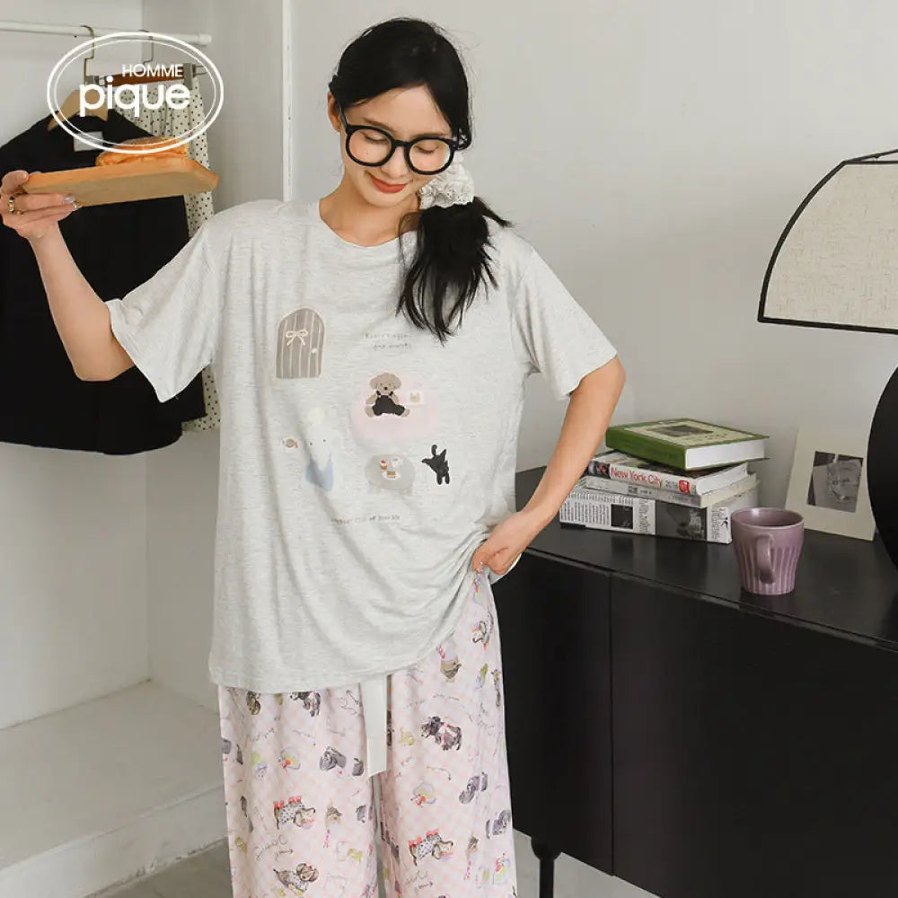 ID531 レディース モダール パジャマセット 日系 夏用 半袖 長ズボン ゆったり かわいい カートゥーン 涼感 ルームウェア 写真通り / フリー レディース＞セットアップ