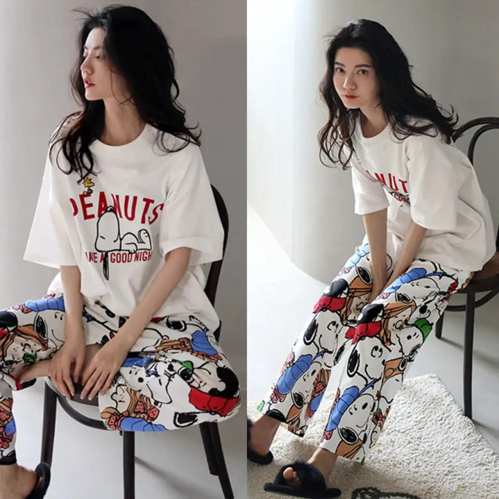 レディース パジャマ 短袖 長ズボン セットアップ 寝間着 ロングパンツ セットアップ リラックスウェア かわいい スヌーピー デザイン ルームウェア ID4382 タイプ① / M レディース＞セットアップ