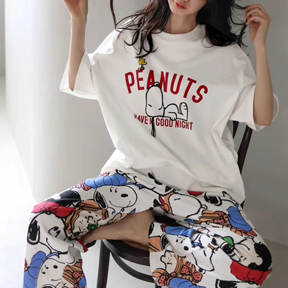 レディース パジャマ 短袖 長ズボン セットアップ 寝間着 ロングパンツ セットアップ リラックスウェア かわいい スヌーピー デザイン ルームウェア ID4382 レディース＞セットアップ