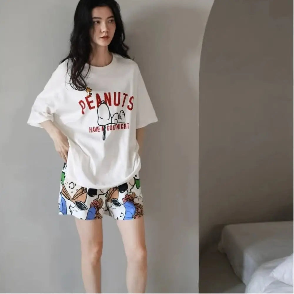 レディース パジャマ 半袖 長ズボン セットアップ 寝間着 ロングパンツ セットアップ リラックスウェア かわいい スヌーピー デザイン ルームウェア ID4382 - タイプ①/半袖＋ショートパンツ / M - レディース＞セットアップ