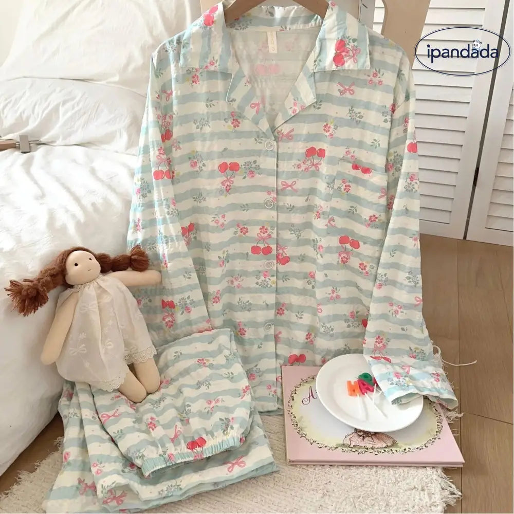 レディース パジャマ 春秋用 2点セット ゆったり パジャマ 部屋着 カートゥーン ストライプ 長袖 セットアップ ルームウェア 高級感 ID4436 レディース＞セットアップ