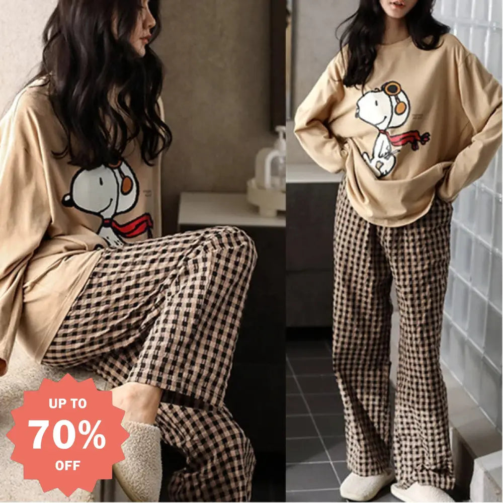 レディース パジャマ 春秋用 部屋着 長袖 薄手 新作 スヌーピー ゆったり 大きいサイズ ルームウェア セット 通気性 吸汗性 快適 ID4457 キャメル / M レディース＞セットアップ