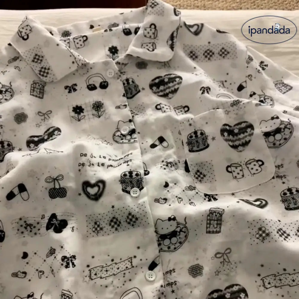 ID501 レディース パジャマ 春夏 キティちゃん プリント ダブルガーゼ ルームウェア 長袖 長ズボン ゆったり かわいい ペット用品＞ウェア