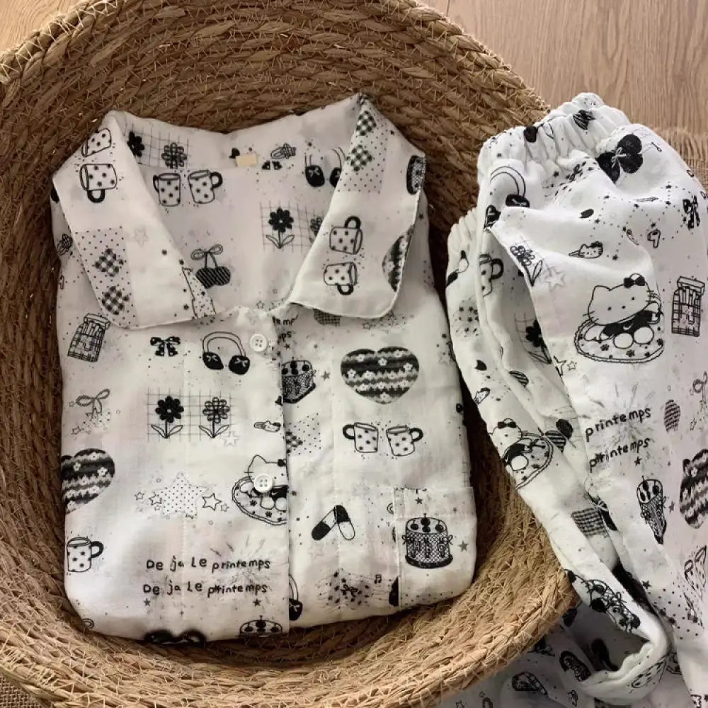 ID501 レディース パジャマ 春夏 キティちゃん プリント ダブルガーゼ ルームウェア 長袖 長ズボン ゆったり かわいい 写真通り / S ペット用品＞ウェア