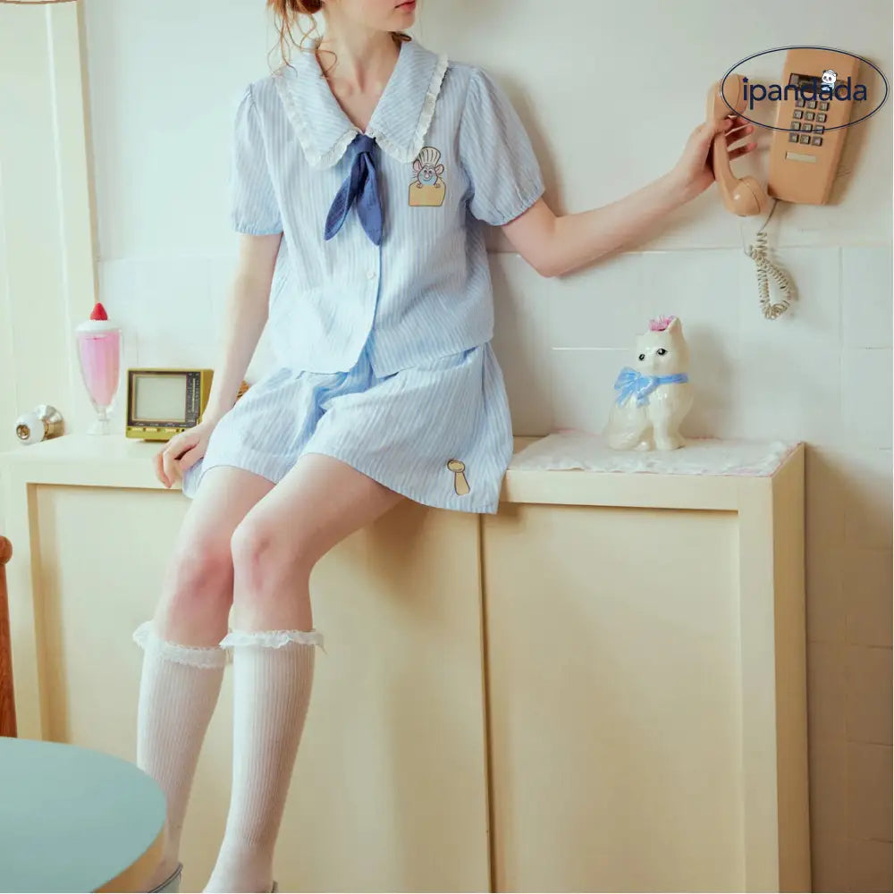 レディース パジャマ 春夏 新作 ブルーストライプ 綿 ルームウェア セットアップ ID4735