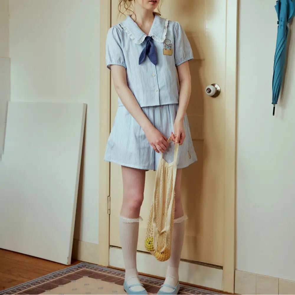 レディース パジャマ 春夏 新作 ブルーストライプ 綿 ルームウェア セットアップ ID4735 - ブルー / S