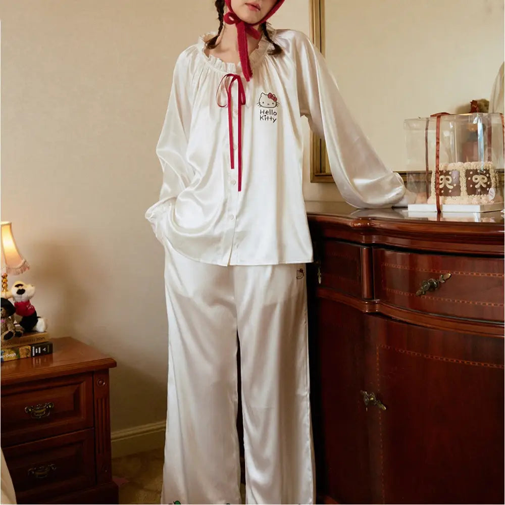 レディース パジャマ 春夏用 スイート アイスシルク ルームウェア 長袖 セットアップ ゆったり ID4758 - 写真通り / S