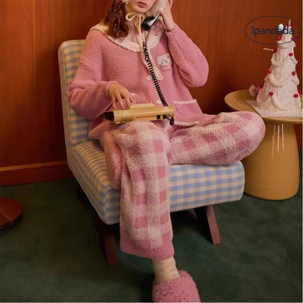 レディース パジャマ 冬 フリース 保温 かわいい カートゥーン デザイン ルームウェア セット ID3050