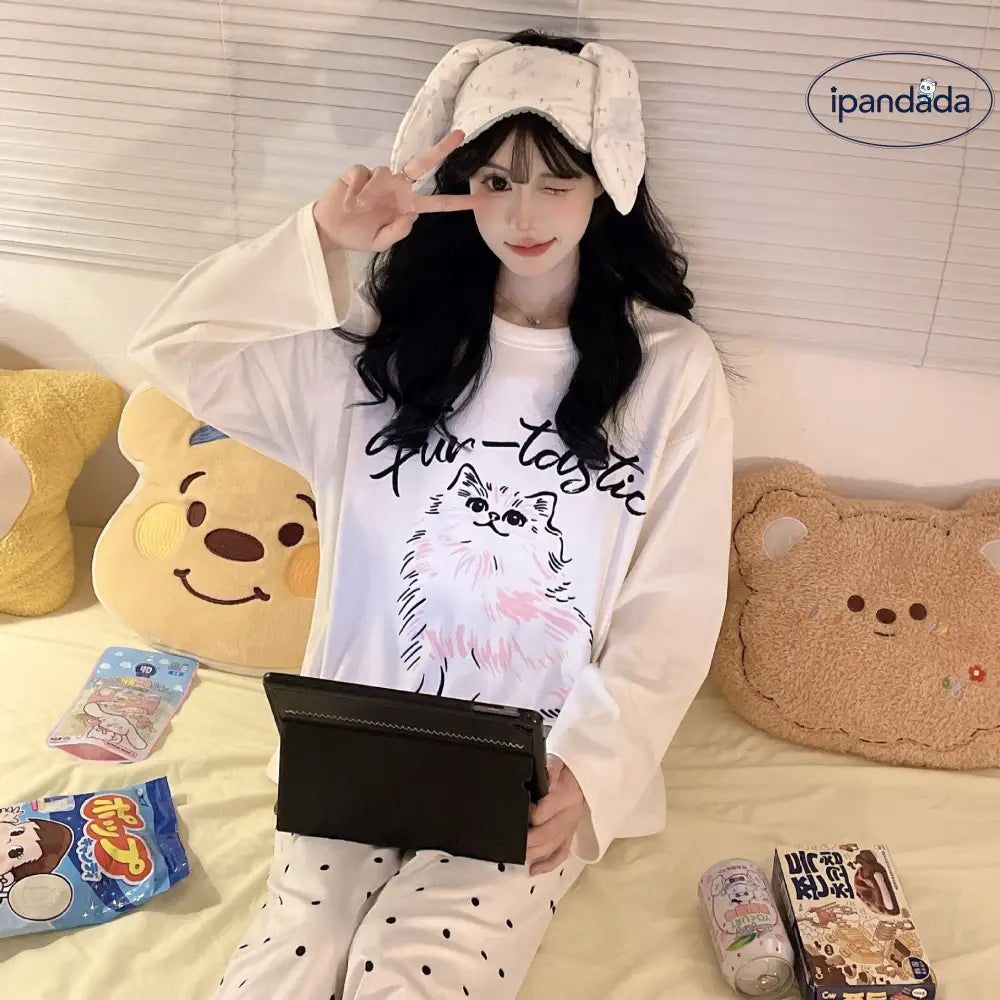 レディース パジャマ 秋冬 シーズン ラウンドネック ネコ ミミ ゆったり カジュアル 薄手 フリース ガールズ ルームウェア ID2701