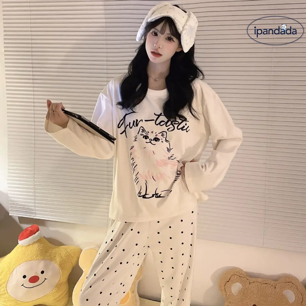 レディース パジャマ 秋冬 シーズン ラウンドネック ネコ ミミ ゆったり カジュアル 薄手 フリース ガールズ ルームウェア ID2701