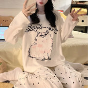 レディース パジャマ 秋冬 シーズン ラウンドネック ネコ ミミ ゆったり カジュアル 薄手 フリース ガールズ ルームウェア ID2701