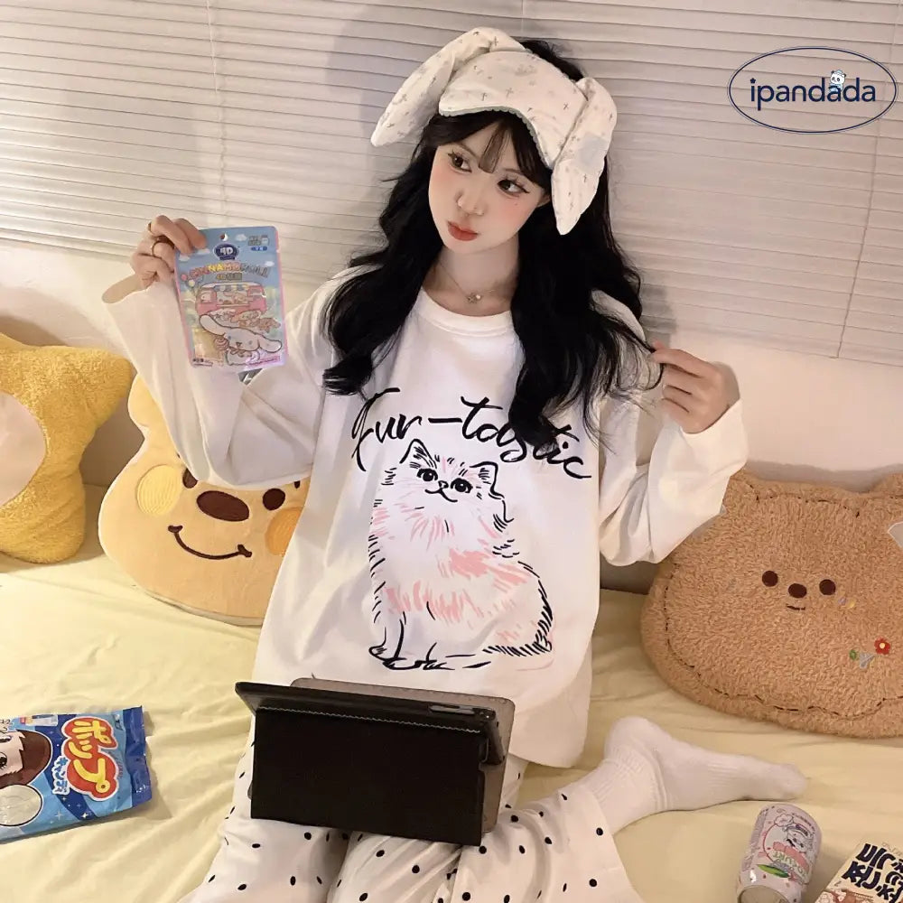 レディース パジャマ 秋冬 シーズン ラウンドネック ネコ ミミ ゆったり カジュアル 薄手 フリース ガールズ ルームウェア ID2701