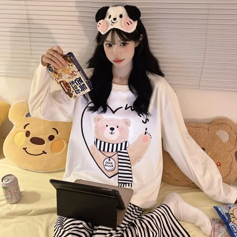 レディース パジャマ 秋冬 シーズン ラウンドネック ネコ ミミ ゆったり カジュアル 薄手 フリース ガールズ ルームウェア ID2701 タイプ⑤ / M