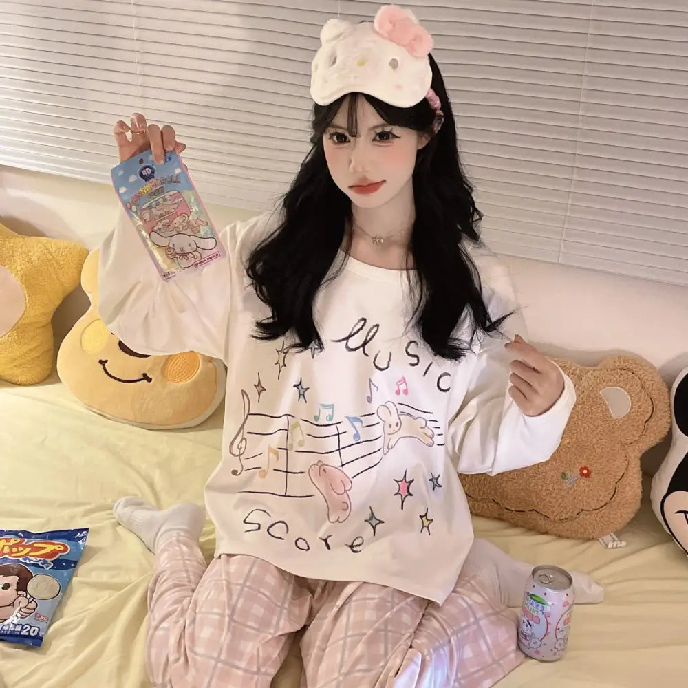 レディース パジャマ 秋冬 シーズン ラウンドネック ネコ ミミ ゆったり カジュアル 薄手 フリース ガールズ ルームウェア ID2701 タイプ③ / M