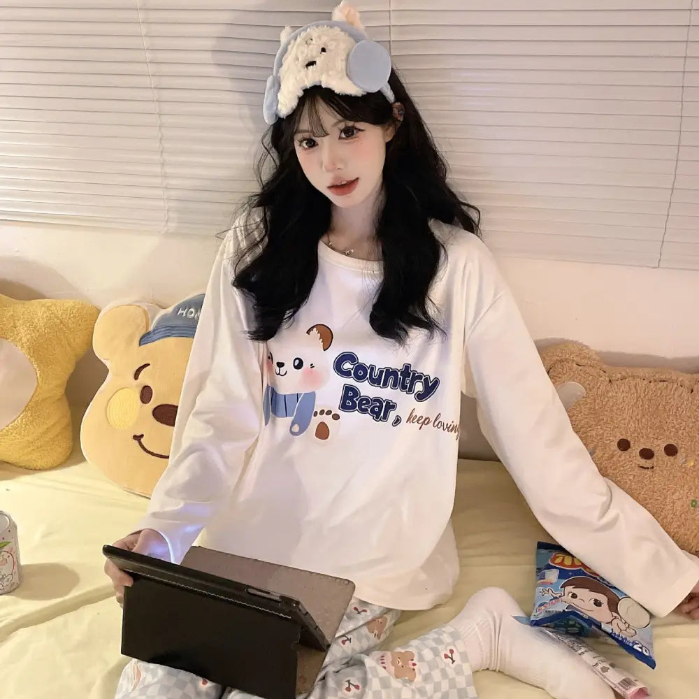 レディース パジャマ 秋冬 シーズン ラウンドネック ネコ ミミ ゆったり カジュアル 薄手 フリース ガールズ ルームウェア ID2701 タイプ② / M