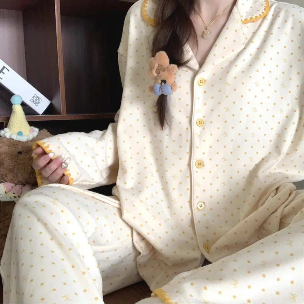 レディース パジャマ 長袖 セット 韓国風 ドット ルームウェア 高級感 可愛い ID4405 イエロー / M