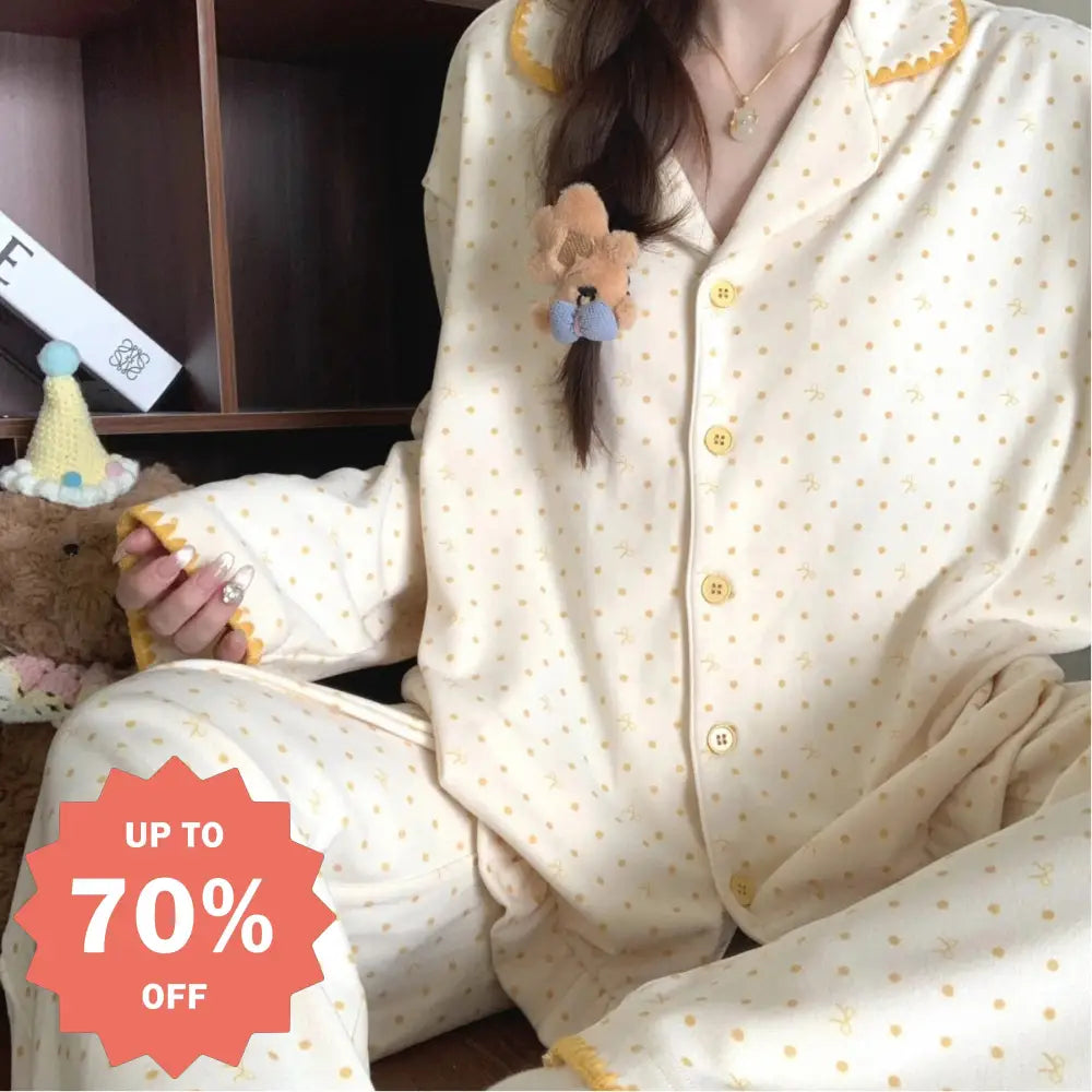 レディース パジャマ 長袖 セット 韓国風 ドット ルームウェア 高級感 可愛い ID4405 イエロー / M