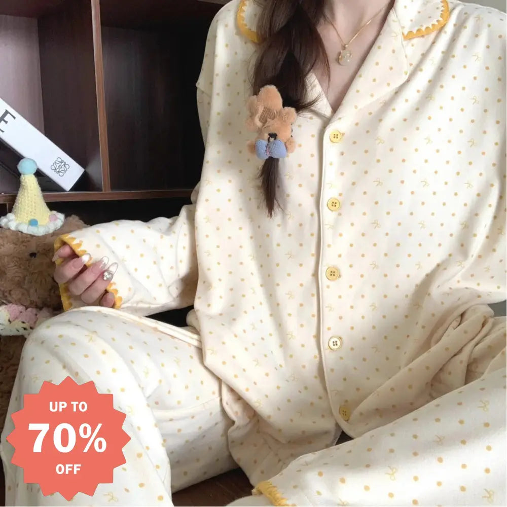 レディース パジャマ 長袖 セット 韓国風 ドット ルームウェア 高級感 可愛い ID4405 イエロー / M